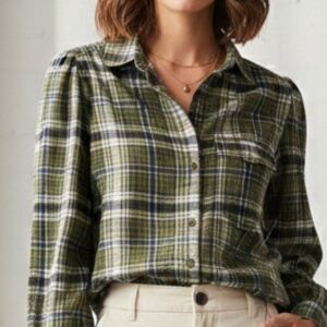 NWT Olive Green Navy Plaid Viscose Puff Sleeve Button Down Shirt Size S Small